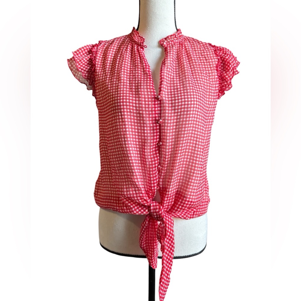 RED WHITE GINGHAM CHECK TIE FRONT RUFFLE CAP SLEEVE BLOUZE TOP
